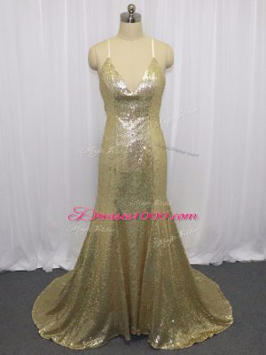 Unique Champagne Prom Dress Sequined Brush Train Sleeveless Sequins