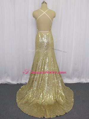 Unique Champagne Prom Dress Sequined Brush Train Sleeveless Sequins