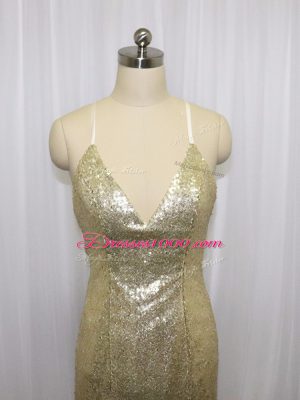 Unique Champagne Prom Dress Sequined Brush Train Sleeveless Sequins