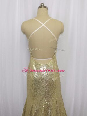 Unique Champagne Prom Dress Sequined Brush Train Sleeveless Sequins