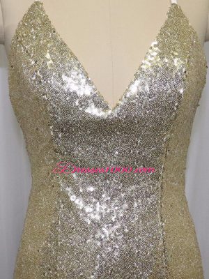 Unique Champagne Prom Dress Sequined Brush Train Sleeveless Sequins