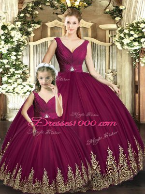 Floor Length Ball Gowns Sleeveless Burgundy Quince Ball Gowns Backless