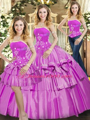 Affordable Floor Length Lilac Quinceanera Gown Strapless Sleeveless Lace Up