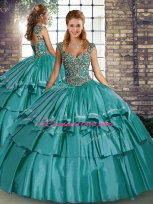 Elegant Sleeveless Lace Up Floor Length Beading and Ruffled Layers Quinceanera Dress