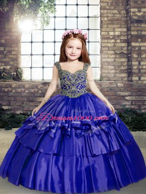 Excellent Blue Ball Gowns Straps Sleeveless Taffeta Lace Up Beading Little Girls Pageant Dress