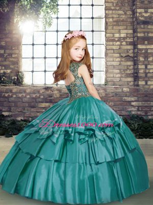 Excellent Blue Ball Gowns Straps Sleeveless Taffeta Lace Up Beading Little Girls Pageant Dress