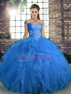 Dynamic Blue Off The Shoulder Neckline Beading and Ruffles Quince Ball Gowns Sleeveless Lace Up