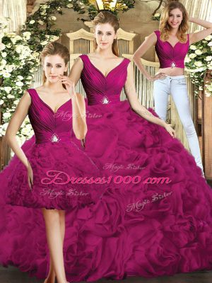 Cute Fuchsia Three Pieces Fabric With Rolling Flowers V-neck Sleeveless Beading Floor Length Backless 15 Quinceanera Dress