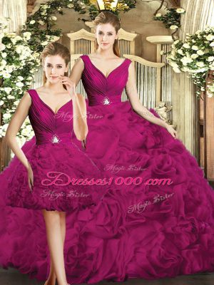 Cute Fuchsia Three Pieces Fabric With Rolling Flowers V-neck Sleeveless Beading Floor Length Backless 15 Quinceanera Dress