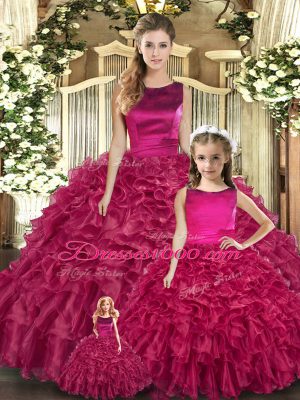Comfortable Fuchsia Ball Gowns Scoop Sleeveless Organza Floor Length Lace Up Ruffles 15 Quinceanera Dress