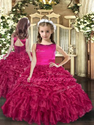 Comfortable Fuchsia Ball Gowns Scoop Sleeveless Organza Floor Length Lace Up Ruffles 15 Quinceanera Dress