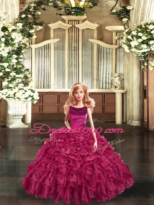 Comfortable Fuchsia Ball Gowns Scoop Sleeveless Organza Floor Length Lace Up Ruffles 15 Quinceanera Dress