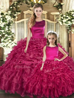 Comfortable Fuchsia Ball Gowns Scoop Sleeveless Organza Floor Length Lace Up Ruffles 15 Quinceanera Dress