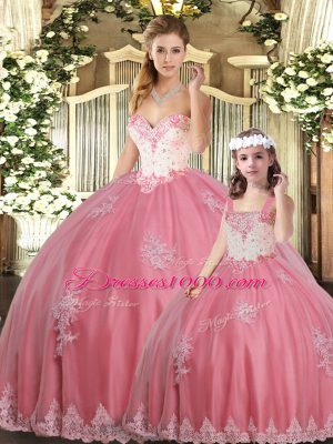 Beading and Appliques Quinceanera Gown Watermelon Red Lace Up Sleeveless Floor Length