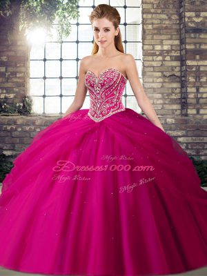 Fantastic Fuchsia Sleeveless Tulle Brush Train Lace Up Quinceanera Gown for Military Ball and Sweet 16 and Quinceanera