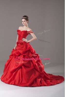 Classical Red Ball Gowns Off The Shoulder Sleeveless Taffeta Brush Train Lace Up Ruching and Pick Ups and Hand Made Flower Quinceanera Dress