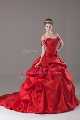 Classical Red Ball Gowns Off The Shoulder Sleeveless Taffeta Brush Train Lace Up Ruching and Pick Ups and Hand Made Flower Quinceanera Dress