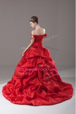 Classical Red Ball Gowns Off The Shoulder Sleeveless Taffeta Brush Train Lace Up Ruching and Pick Ups and Hand Made Flower Quinceanera Dress