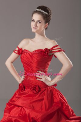 Classical Red Ball Gowns Off The Shoulder Sleeveless Taffeta Brush Train Lace Up Ruching and Pick Ups and Hand Made Flower Quinceanera Dress