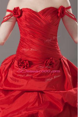 Classical Red Ball Gowns Off The Shoulder Sleeveless Taffeta Brush Train Lace Up Ruching and Pick Ups and Hand Made Flower Quinceanera Dress