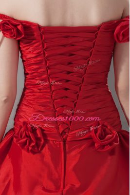 Classical Red Ball Gowns Off The Shoulder Sleeveless Taffeta Brush Train Lace Up Ruching and Pick Ups and Hand Made Flower Quinceanera Dress