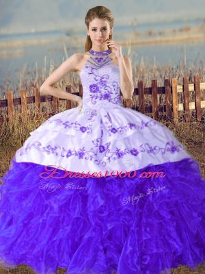 Customized Embroidery and Ruffles Quinceanera Gown Blue Lace Up Sleeveless Court Train