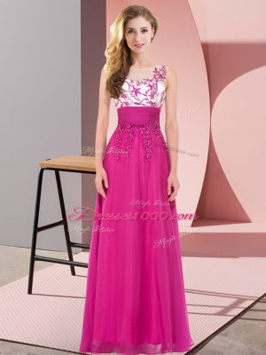 Discount Fuchsia Sleeveless Floor Length Appliques Backless Quinceanera Court of Honor Dress