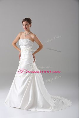 Satin Sleeveless Wedding Dresses Brush Train and Beading