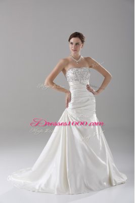 Satin Sleeveless Wedding Dresses Brush Train and Beading