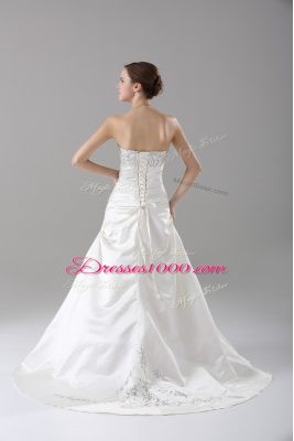 Satin Sleeveless Wedding Dresses Brush Train and Beading