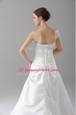 Satin Sleeveless Wedding Dresses Brush Train and Beading