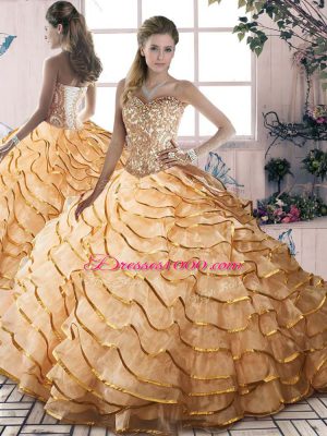 Delicate Gold Sweetheart Lace Up Beading and Ruffled Layers Vestidos de Quinceanera Brush Train Sleeveless