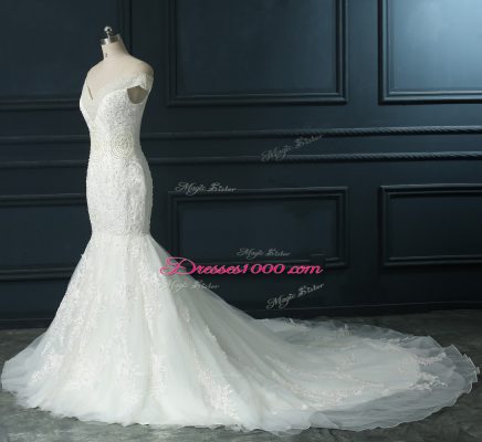 Sleeveless Court Train Beading and Lace Zipper Bridal Gown