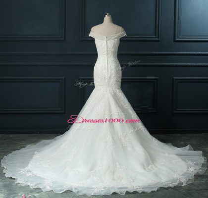 Sleeveless Court Train Beading and Lace Zipper Bridal Gown