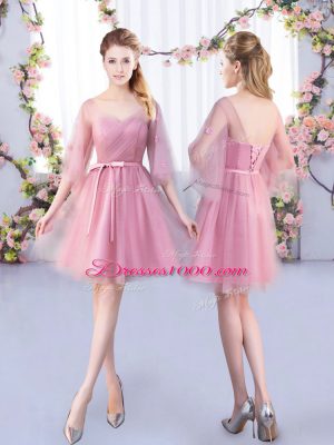 Glamorous Mini Length Pink Bridesmaid Gown V-neck Half Sleeves Lace Up