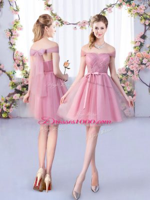 Glamorous Mini Length Pink Bridesmaid Gown V-neck Half Sleeves Lace Up