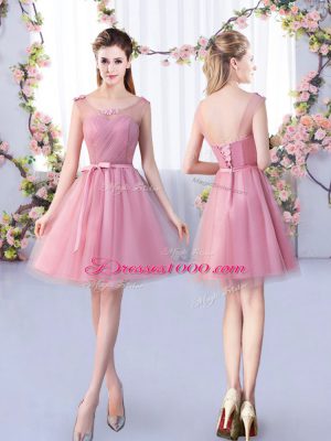 Glamorous Mini Length Pink Bridesmaid Gown V-neck Half Sleeves Lace Up