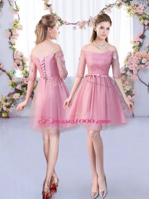 Glamorous Mini Length Pink Bridesmaid Gown V-neck Half Sleeves Lace Up