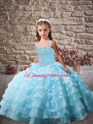 Straps Sleeveless Lace Up Kids Formal Wear Baby Blue Organza