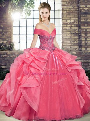 Sumptuous Coral Red Ball Gowns Off The Shoulder Sleeveless Organza Floor Length Lace Up Beading and Ruffles Quinceanera Gown