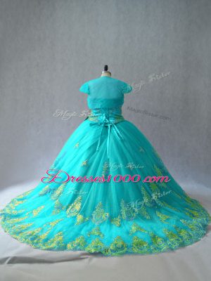 Flare Aqua Blue Ball Gowns Sweetheart Sleeveless Tulle Lace Up Appliques Sweet 16 Dress