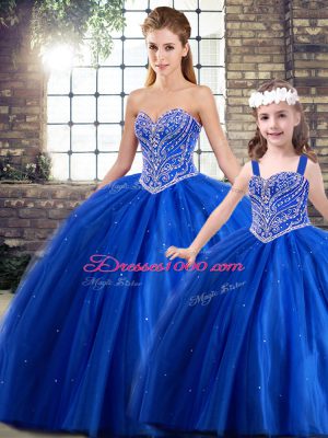 Dynamic Blue Sleeveless Tulle Brush Train Lace Up Sweet 16 Dresses for Military Ball and Sweet 16 and Quinceanera