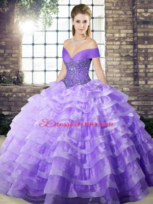 Off The Shoulder Sleeveless Brush Train Lace Up Quinceanera Dresses Lavender Organza