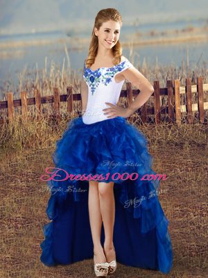 Modern Floor Length Blue And White Quinceanera Gown Satin Sleeveless Embroidery