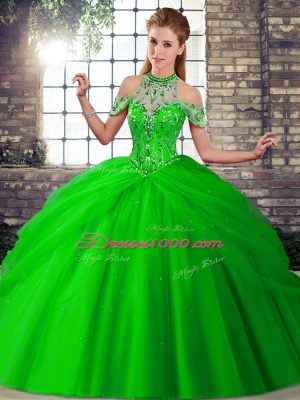 Perfect Brush Train Ball Gowns Sweet 16 Dress Green Halter Top Tulle Sleeveless Lace Up