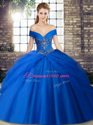 Classical Royal Blue Ball Gowns Tulle Off The Shoulder Sleeveless Beading and Pick Ups Lace Up Sweet 16 Dresses Brush Train