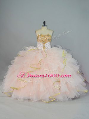 Glittering Peach Ball Gowns Beading and Ruffles Sweet 16 Dress Lace Up Organza Sleeveless Floor Length