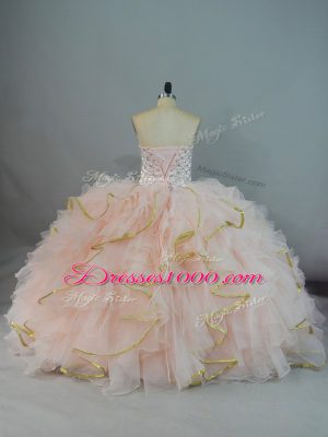 Glittering Peach Ball Gowns Beading and Ruffles Sweet 16 Dress Lace Up Organza Sleeveless Floor Length