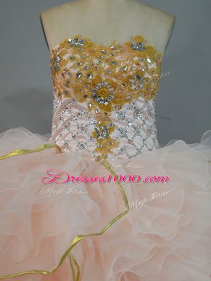 Glittering Peach Ball Gowns Beading and Ruffles Sweet 16 Dress Lace Up Organza Sleeveless Floor Length