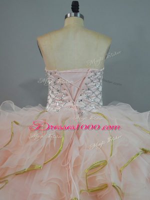 Glittering Peach Ball Gowns Beading and Ruffles Sweet 16 Dress Lace Up Organza Sleeveless Floor Length